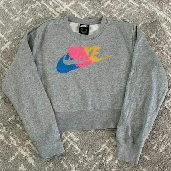 Nike Grey Cropped Sweatshirt with Multicolor Swoosh, Embroidered Sweatshirt, S - Picture 1 of 8